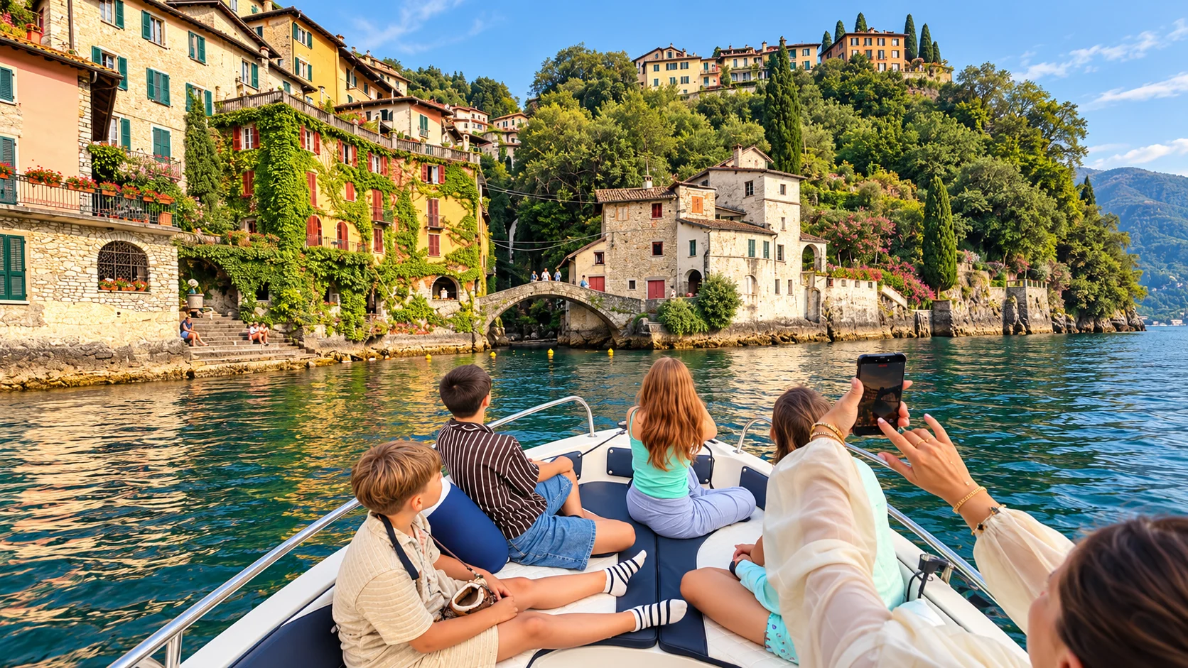 A family exploring Lake Como by boat